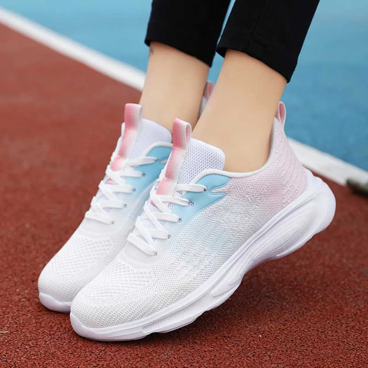 Beige pink flyknit stripe texture casual shoe sneaker