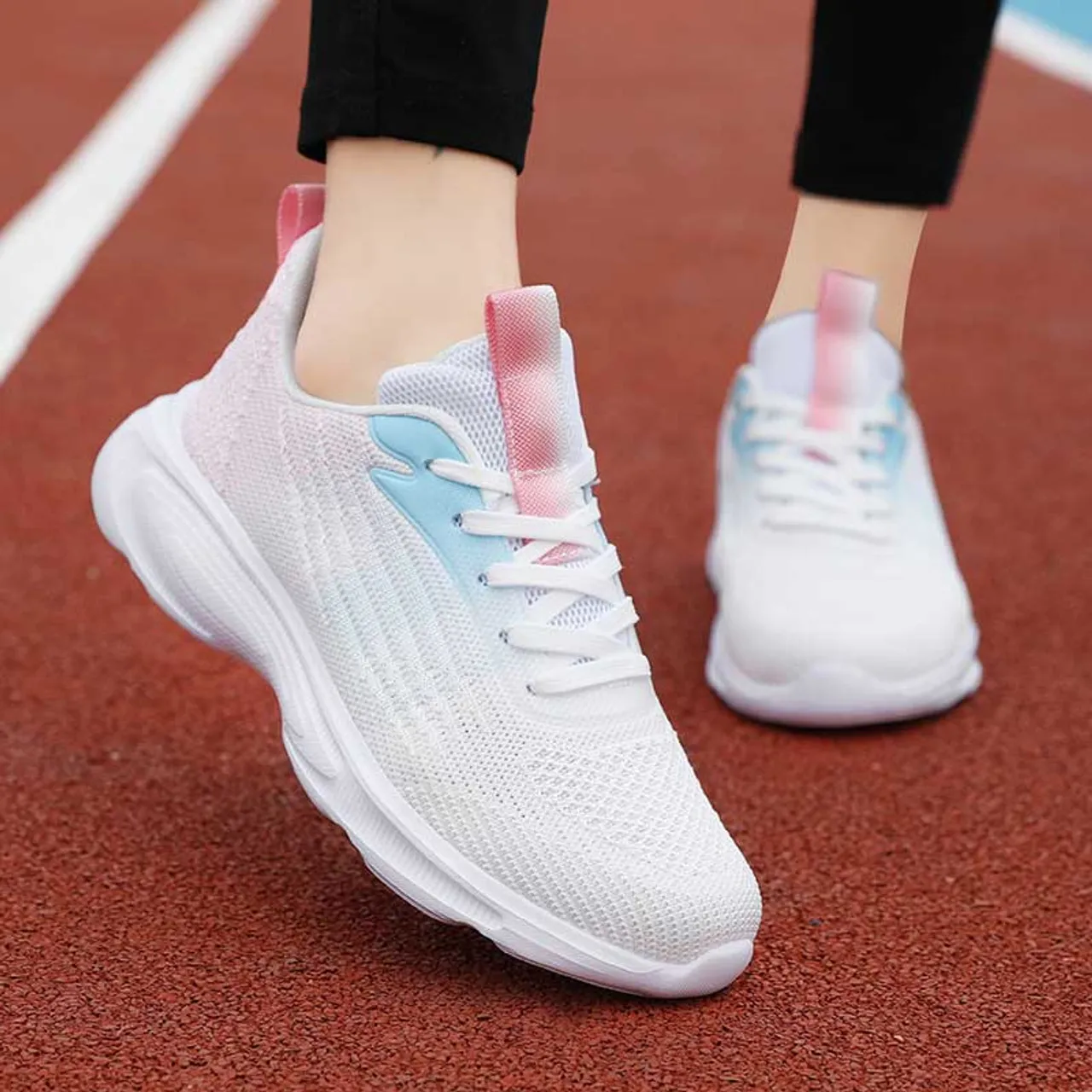 Beige pink flyknit stripe texture casual shoe sneaker