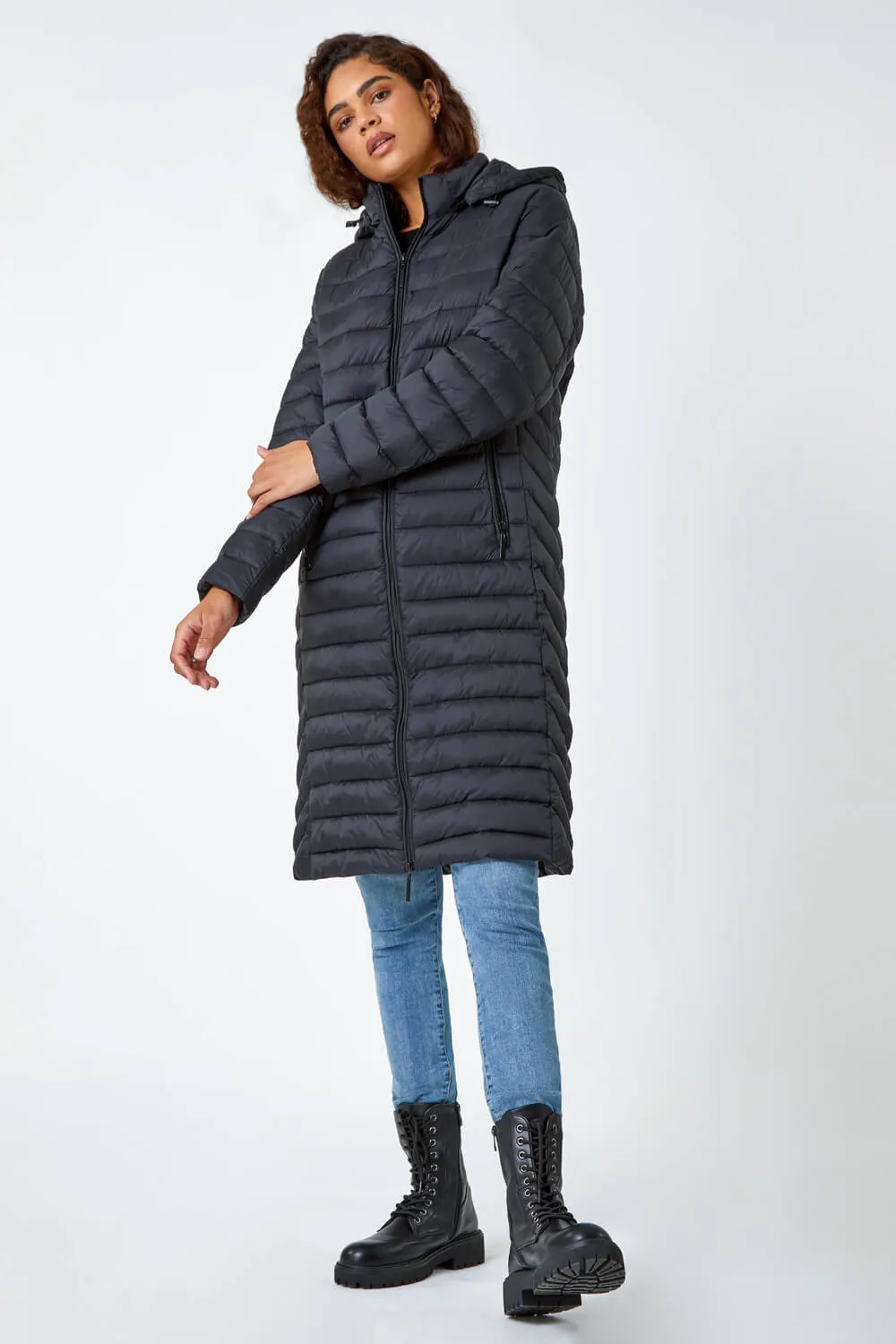 Black Longline Hooded Padded Coat | Roman UK