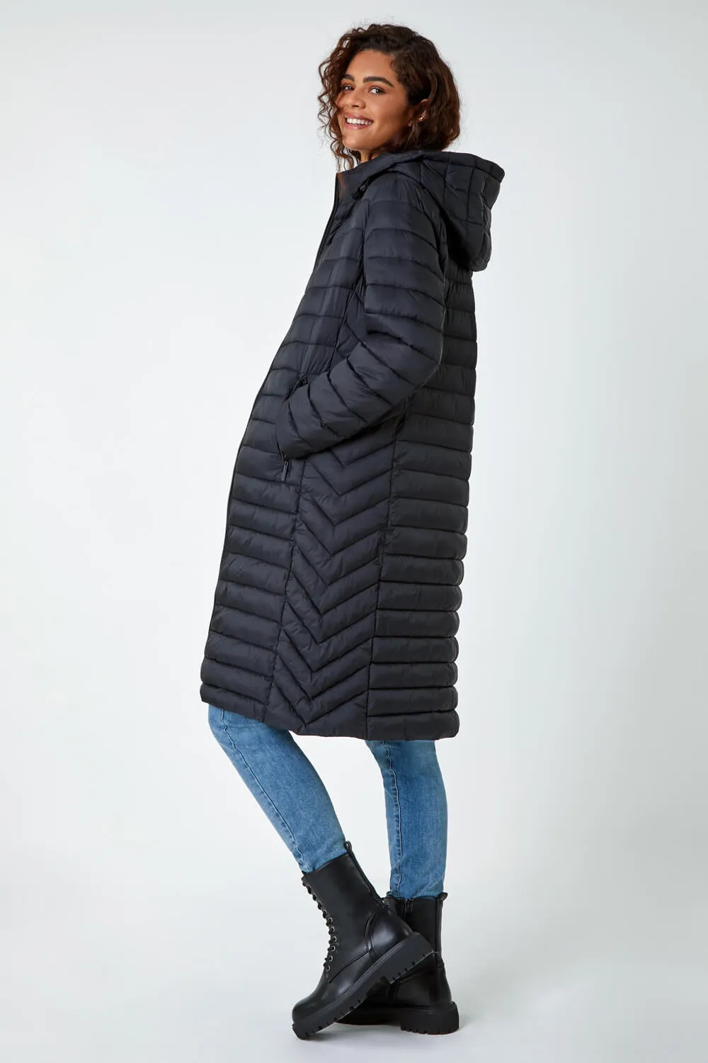 Black Longline Hooded Padded Coat | Roman UK