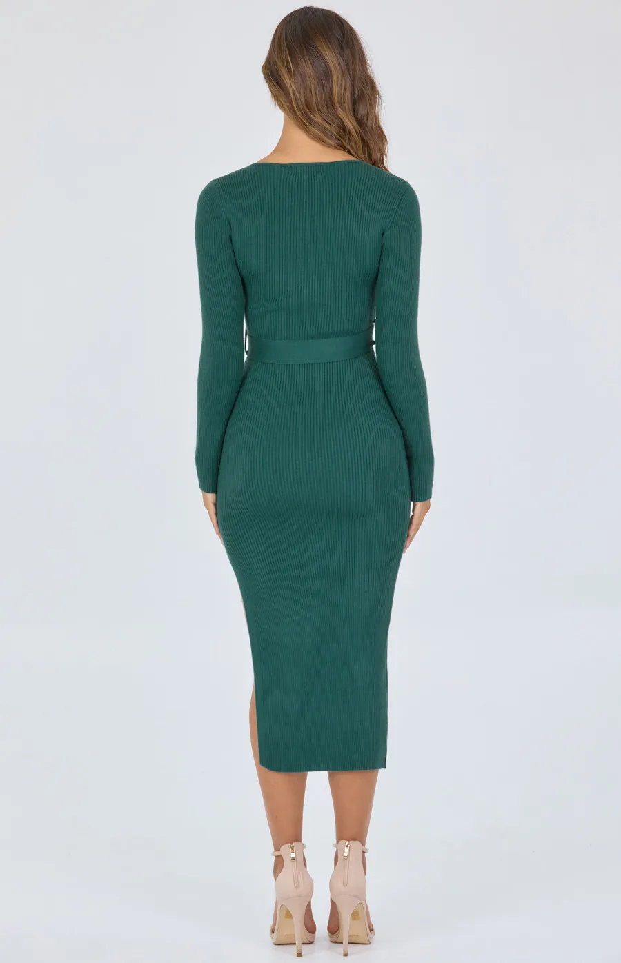 Boat Neckline Knit Midi Dress with Belt (SKN475)