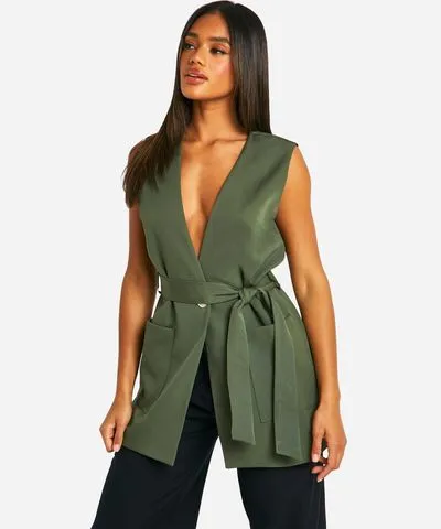 boohoo Womens Longline Sleeveless Belted Blazer