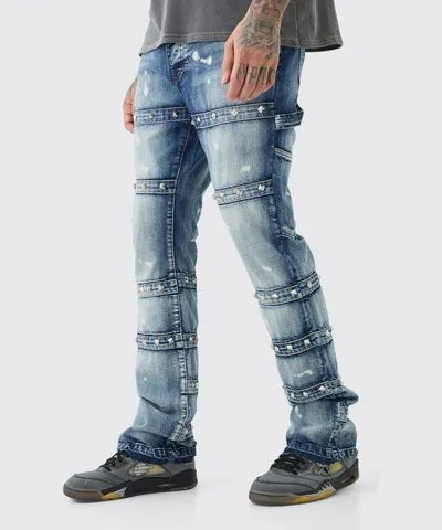 boohooMAN Mens Tall Slim Rigid Flare Embellished Strap Detail Jeans