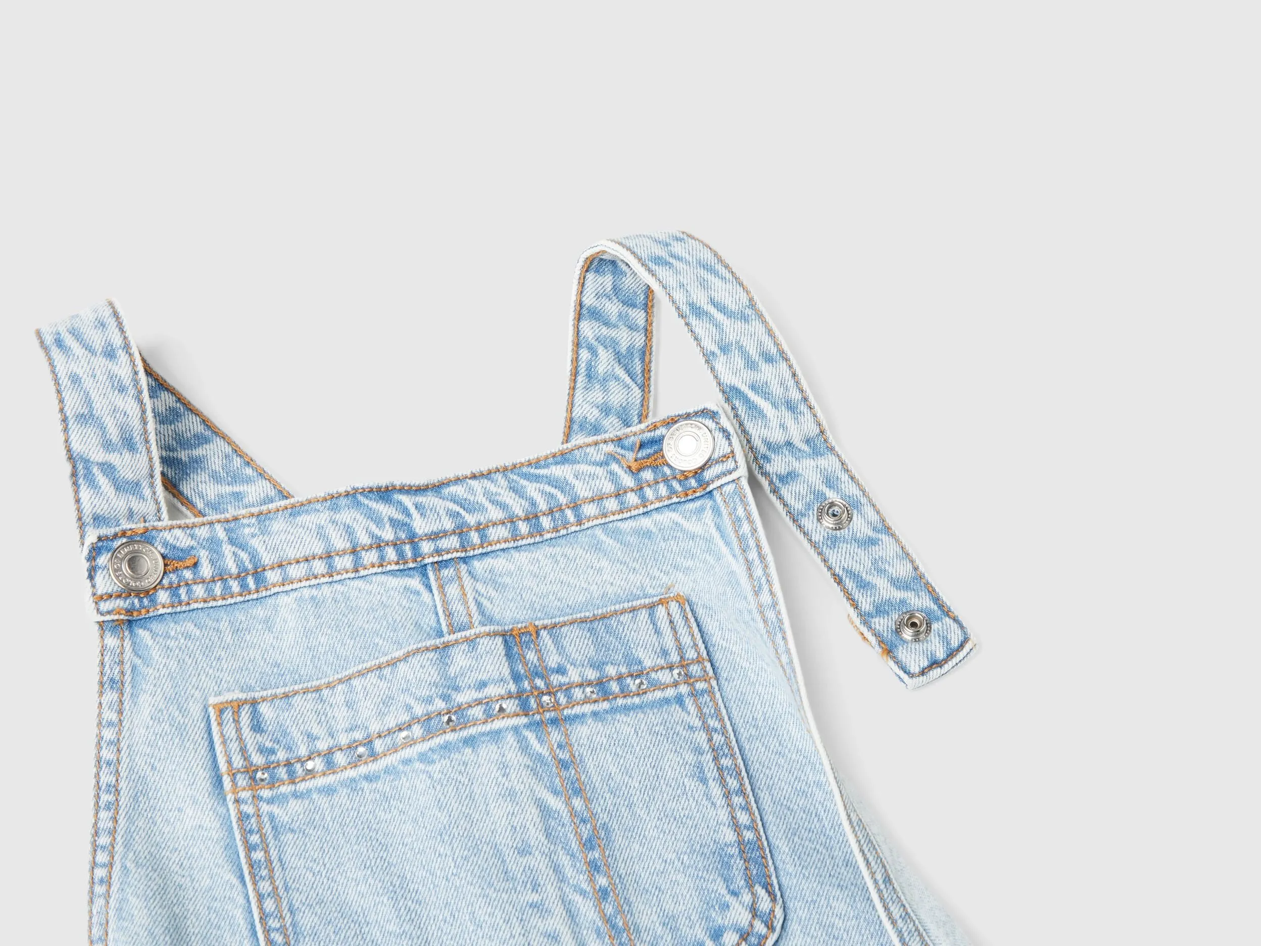 Denim dungarees with rhinestones - Light Blue | Benetton