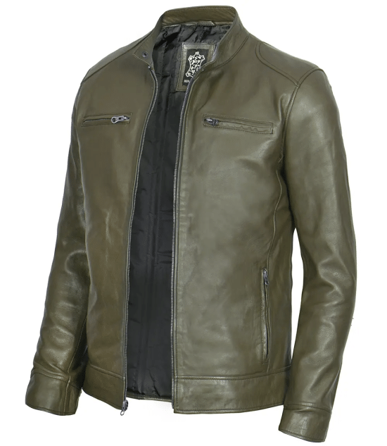 Dodge Men's Green Cafe Racer Real Leather Jacket