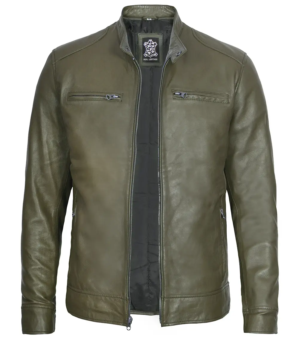 Dodge Men's Green Cafe Racer Real Leather Jacket