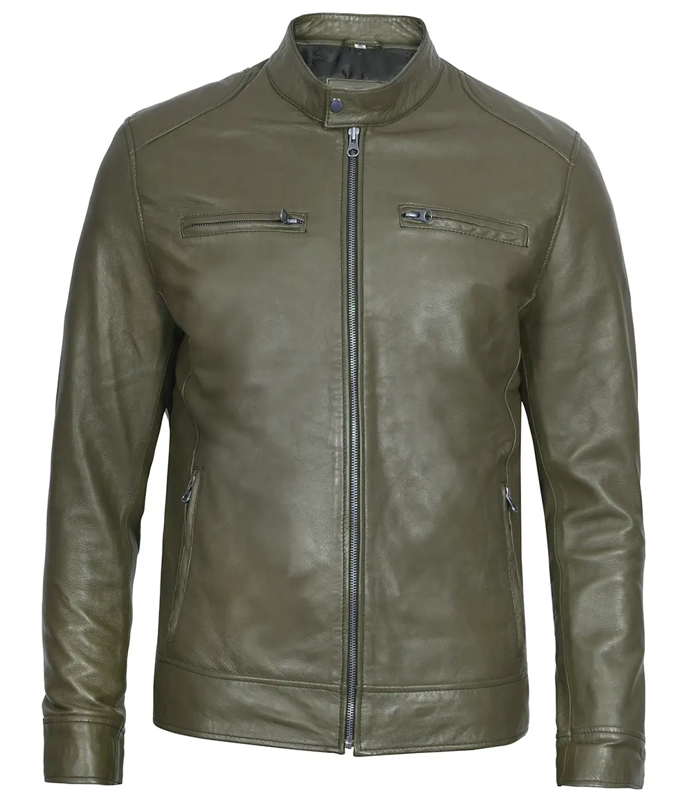 Dodge Men's Green Cafe Racer Real Leather Jacket