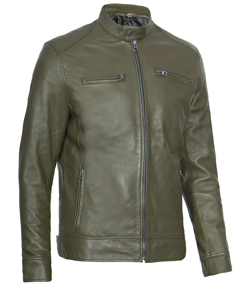 Dodge Men's Green Cafe Racer Real Leather Jacket