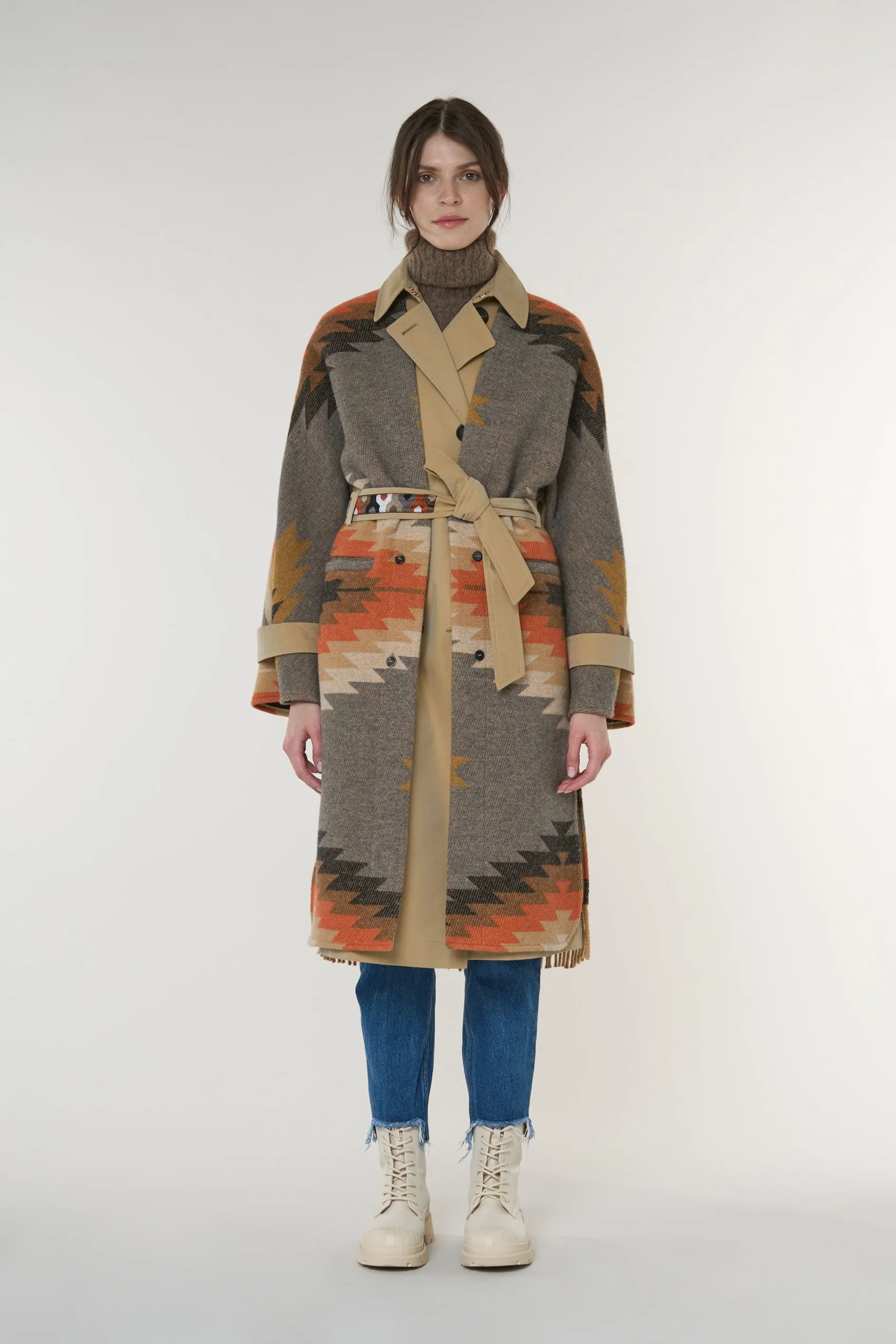 Ethnic patterned trench coat with vest 