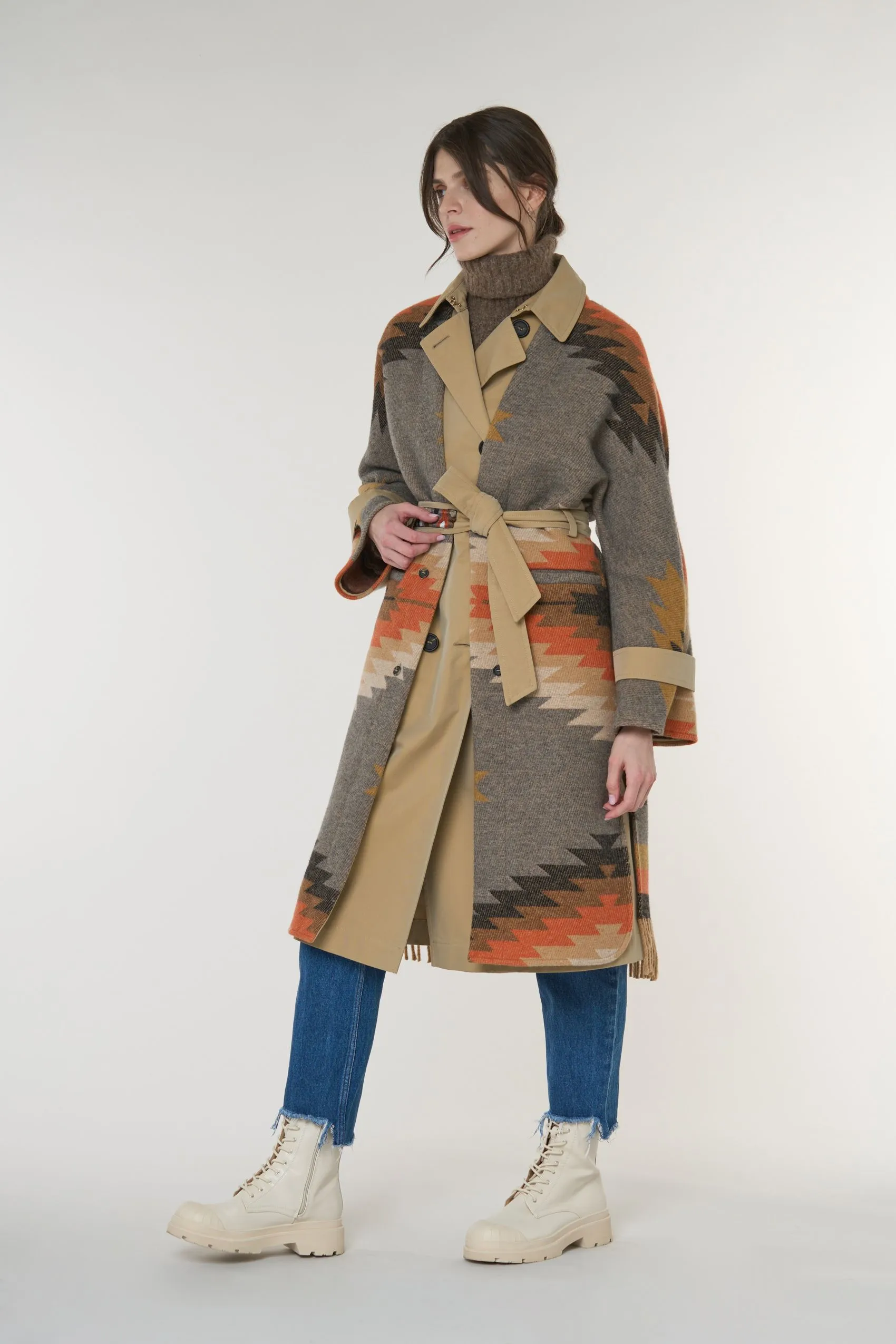 Ethnic patterned trench coat with vest 