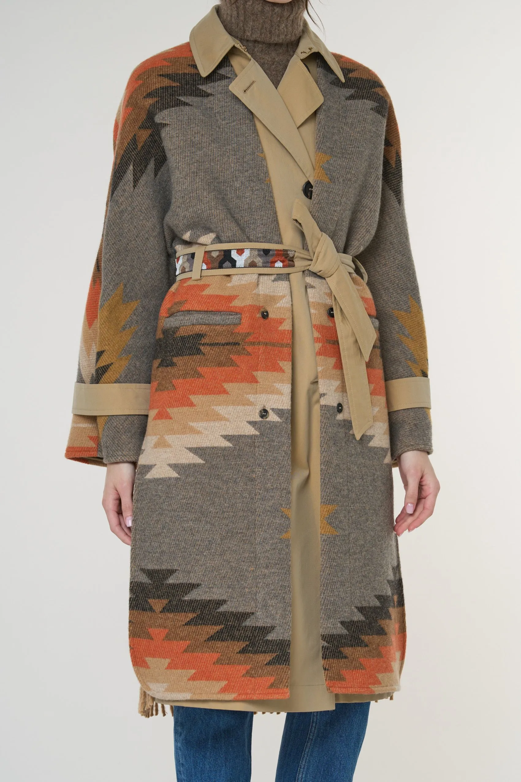 Ethnic patterned trench coat with vest 