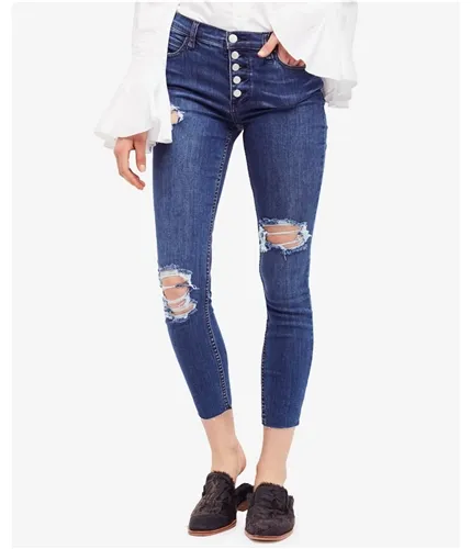 Free People Womens Raw-Edge Skinny Fit Jeans