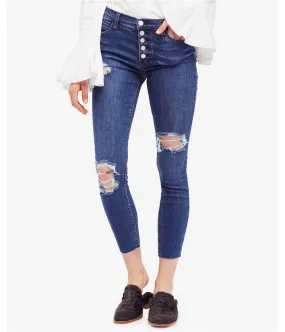 Free People Womens Raw-Edge Skinny Fit Jeans