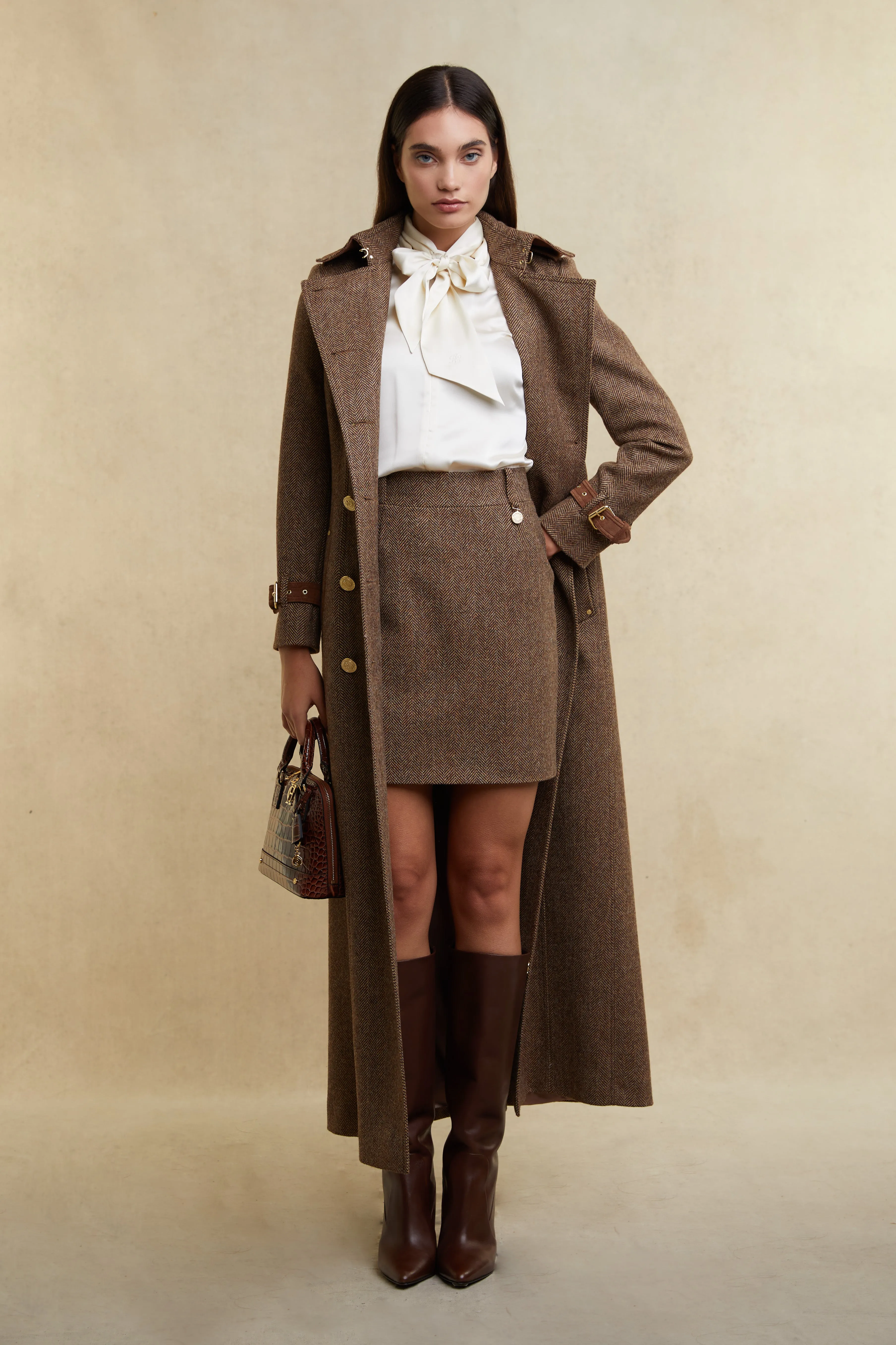 Full Length Marlborough Trench Coat (Large Scale Brown Herringbone)