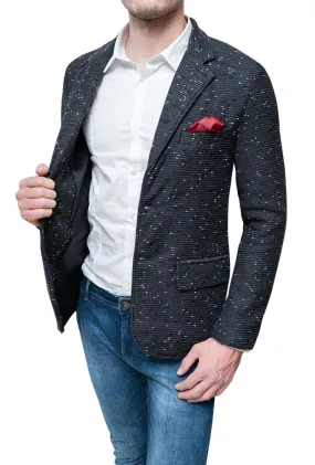 Giacca Blazer uomo invernale nero Tweed elegante slim fit con pochette taschino