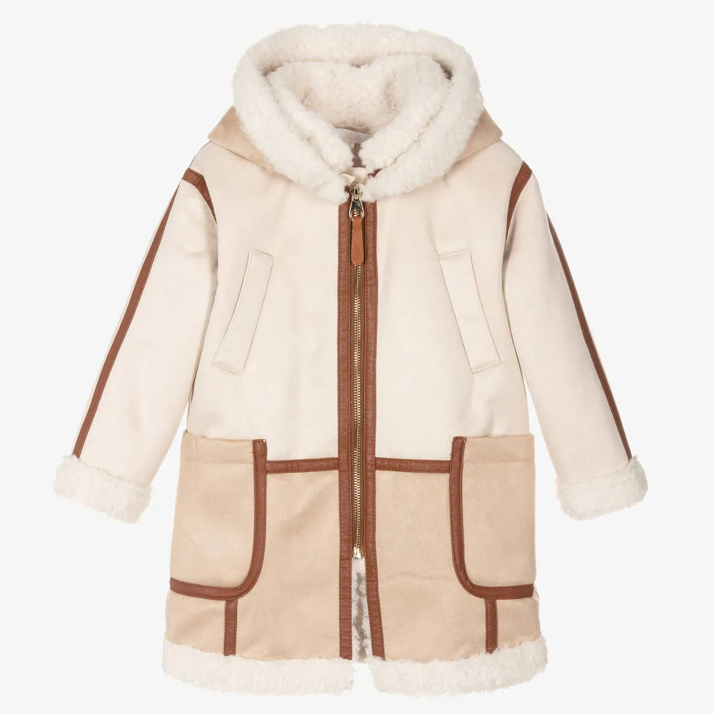 Girls Ivory & Beige Hooded Suede Coat