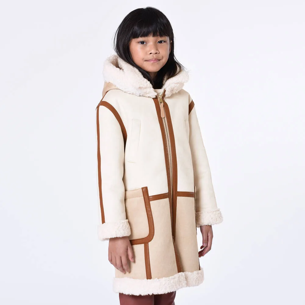 Girls Ivory & Beige Hooded Suede Coat