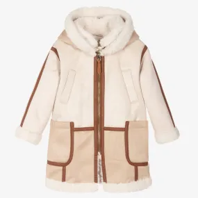 Girls Ivory & Beige Hooded Suede Coat