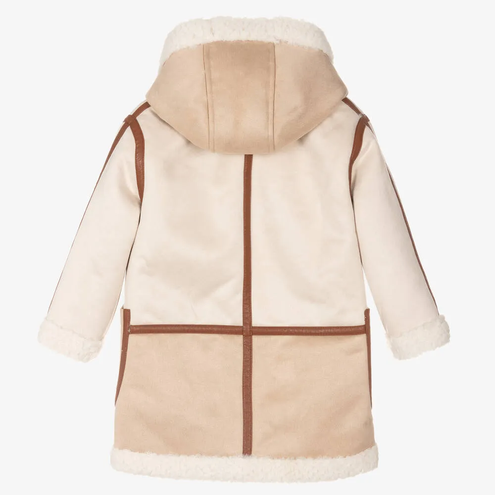 Girls Ivory & Beige Hooded Suede Coat