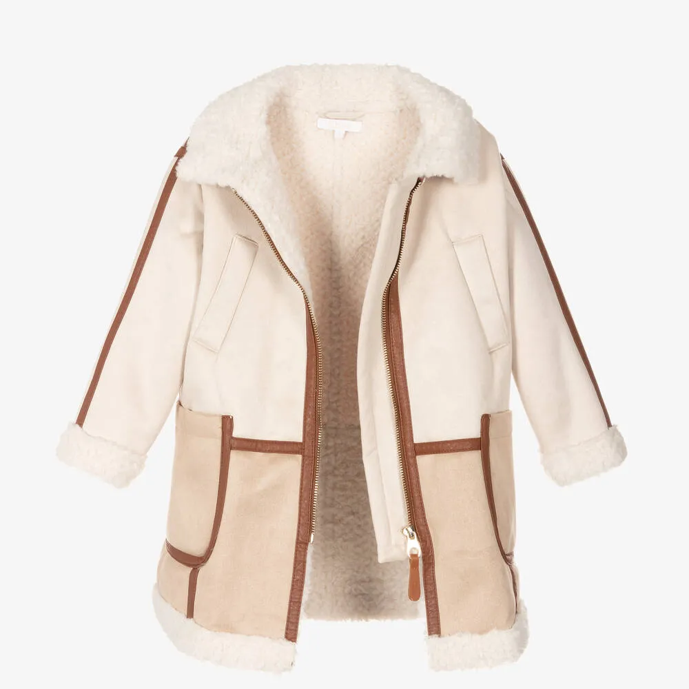 Girls Ivory & Beige Hooded Suede Coat