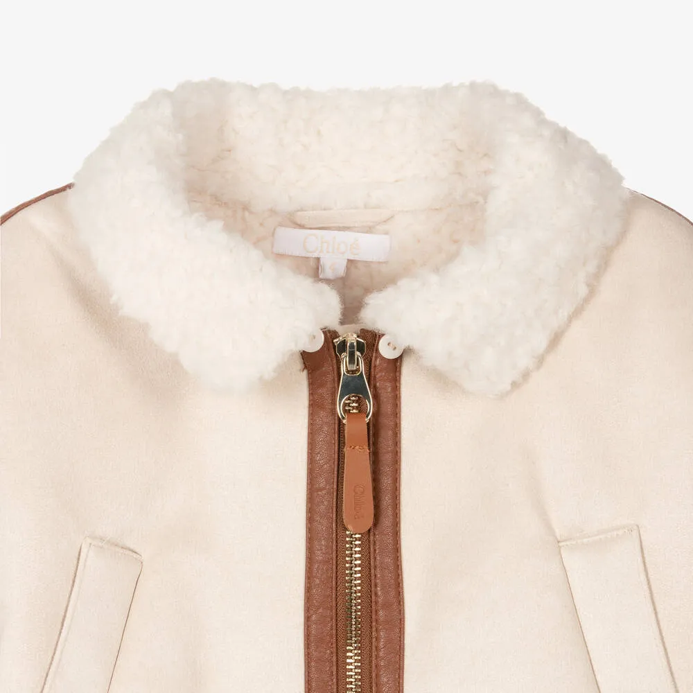 Girls Ivory & Beige Hooded Suede Coat