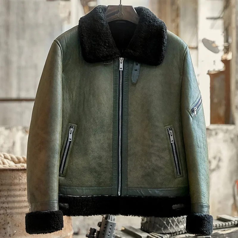 Green Mens Flying Pilot Sheepskin Shearling Leather Jacket