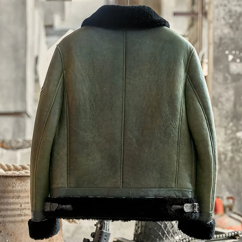 Green Mens Flying Pilot Sheepskin Shearling Leather Jacket