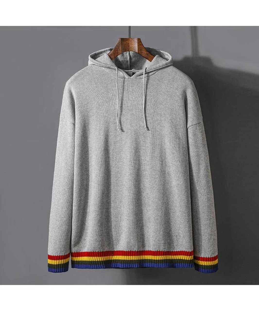 Grey multi color stripe hem pull over hoodies