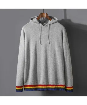 Grey multi color stripe hem pull over hoodies