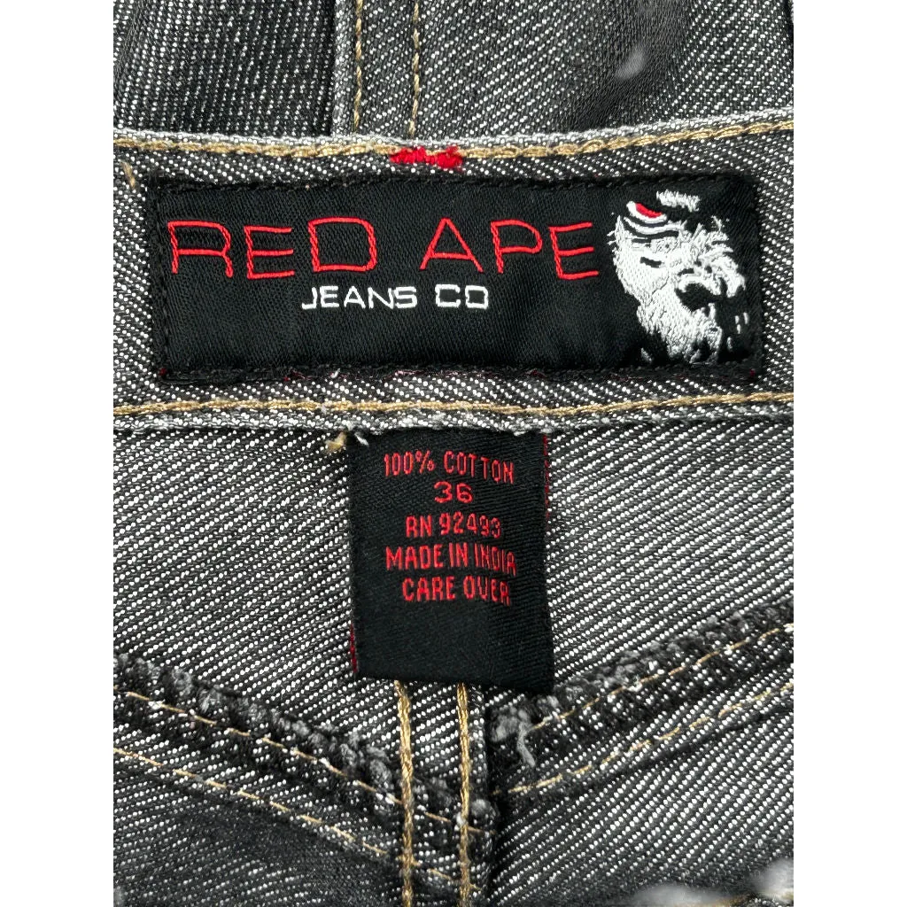 Hip Hop Red Ape Embroidered Jeans - 34W 31L - Black Cotton