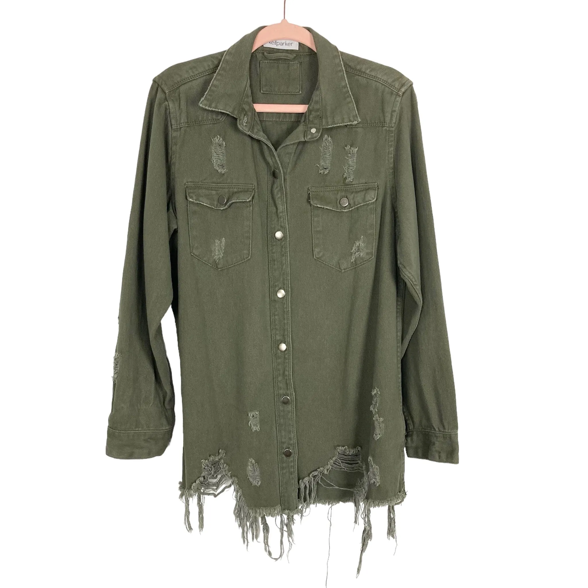 KellParker Olive Distressed Shacket- Size L