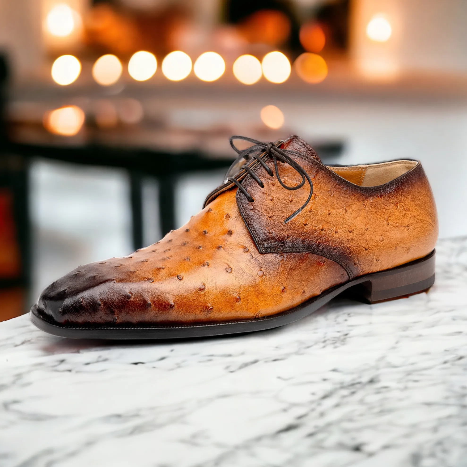 Mauri Dillinger 1056-2 Men's Shoes Light Rust with Gold Finished Exotic Ostrich-Skin Derby Oxfords (MA5559)