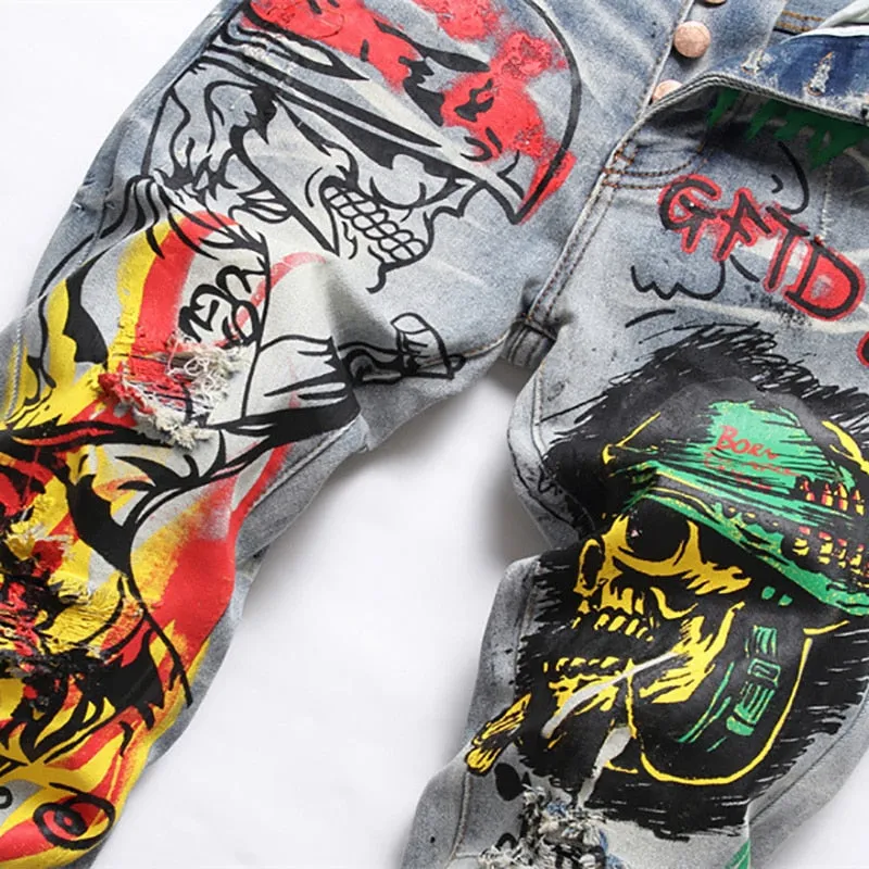 Men's Character Skull Flame Painted Buttons Fly Stretch Streetwear Jeans