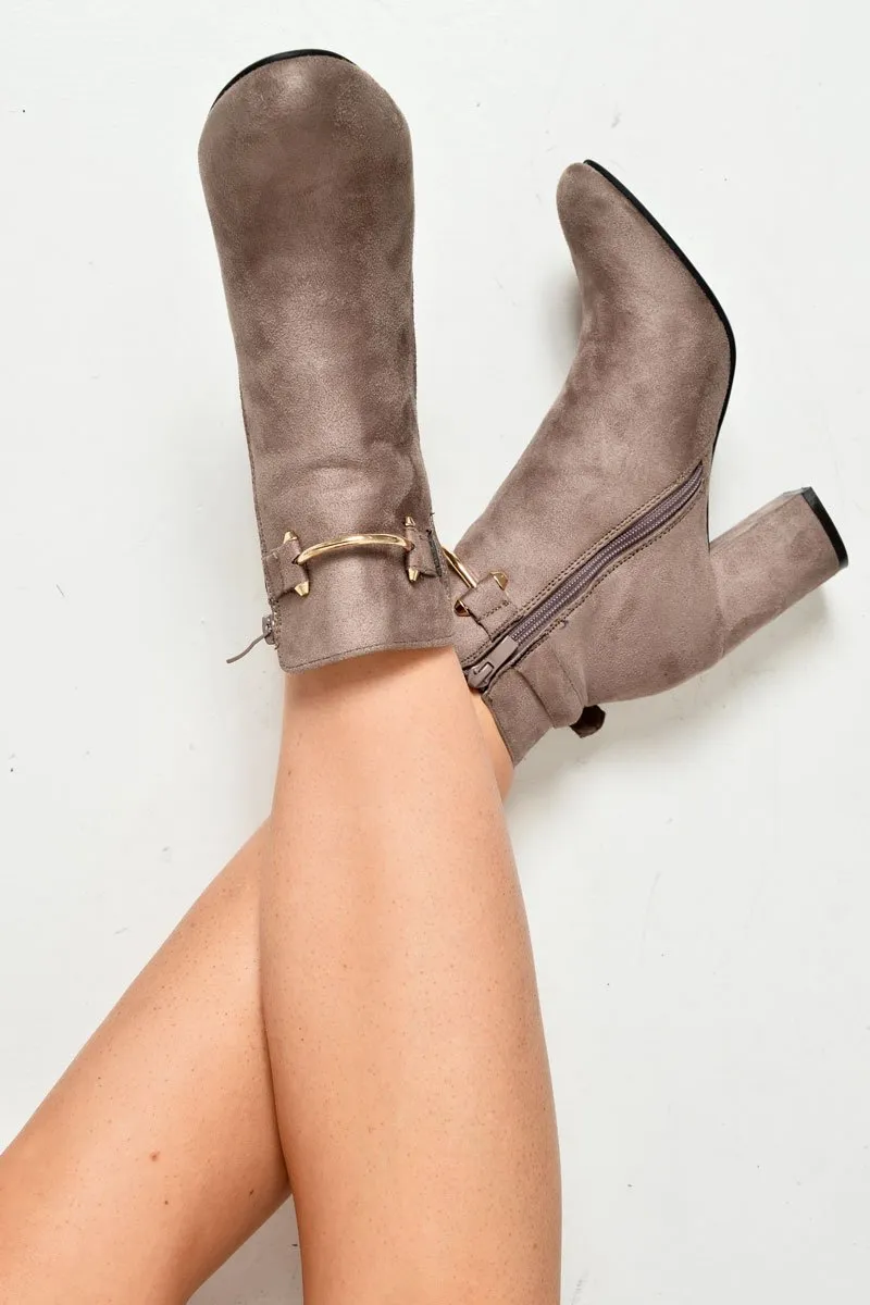 Mocha Faux Suede Gold Buckle Detail Ankle Boots - Jynelle