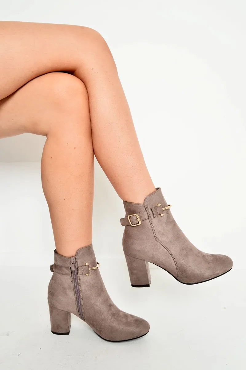 Mocha Faux Suede Gold Buckle Detail Ankle Boots - Jynelle