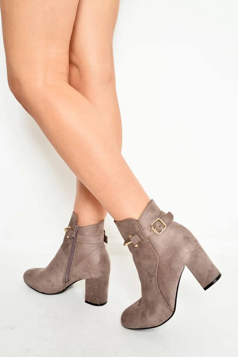 Mocha Faux Suede Gold Buckle Detail Ankle Boots - Jynelle