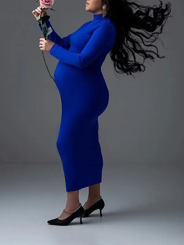 Momnfancy Sapphire Blue Elegant Bodycon Ruffle Collar Babyshower Maternity Photoshoot Maxi Dress