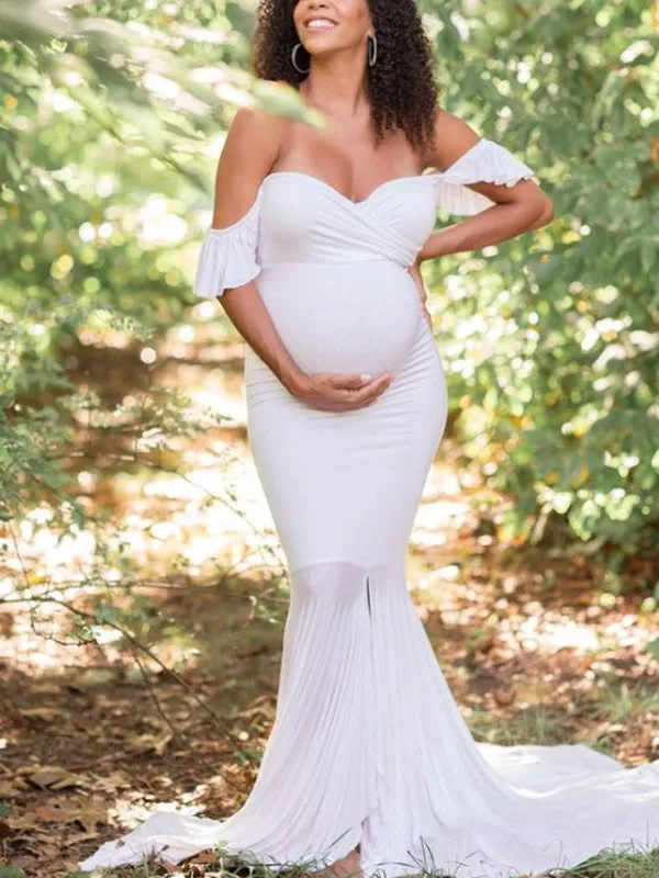 Momnfancy White Ruffle Mermaid Irregular Boat Neck Elegant Maternity Photoshoot Maxi Dress