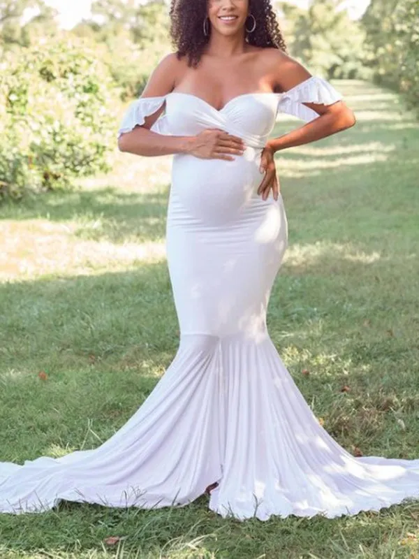 Momnfancy White Ruffle Mermaid Irregular Boat Neck Elegant Maternity Photoshoot Maxi Dress