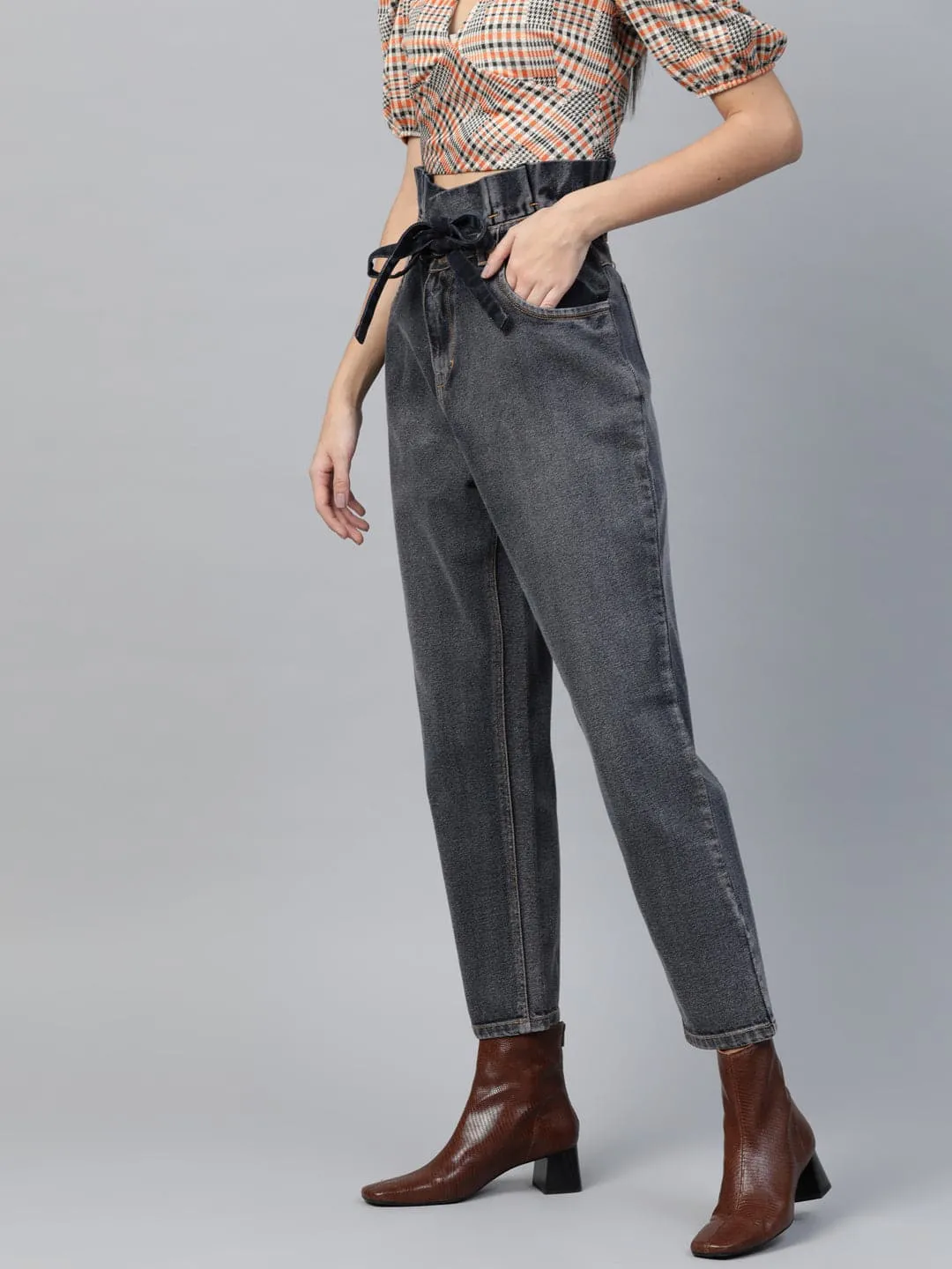 Navy Washed Paper Bag Waist Jeans