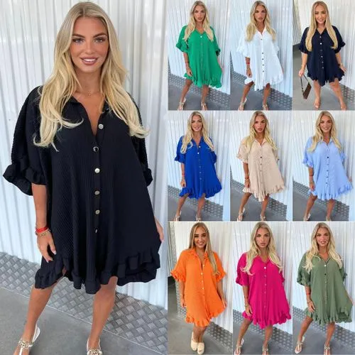 New Summer Solid Color Shirt Dress Ruffle Sleeve Irregular Shirt Dress