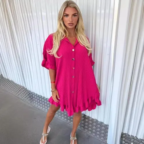 New Summer Solid Color Shirt Dress Ruffle Sleeve Irregular Shirt Dress