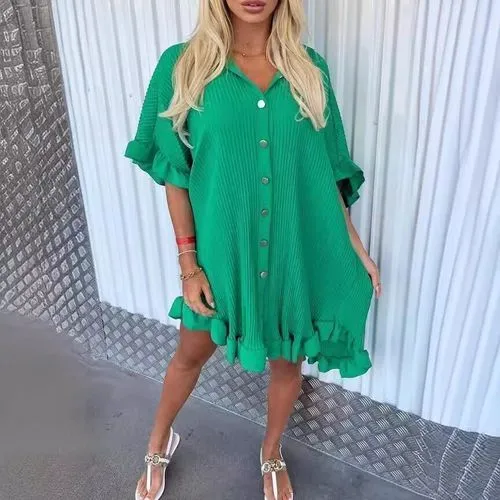 New Summer Solid Color Shirt Dress Ruffle Sleeve Irregular Shirt Dress