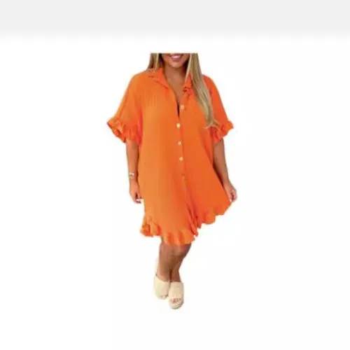 New Summer Solid Color Shirt Dress Ruffle Sleeve Irregular Shirt Dress