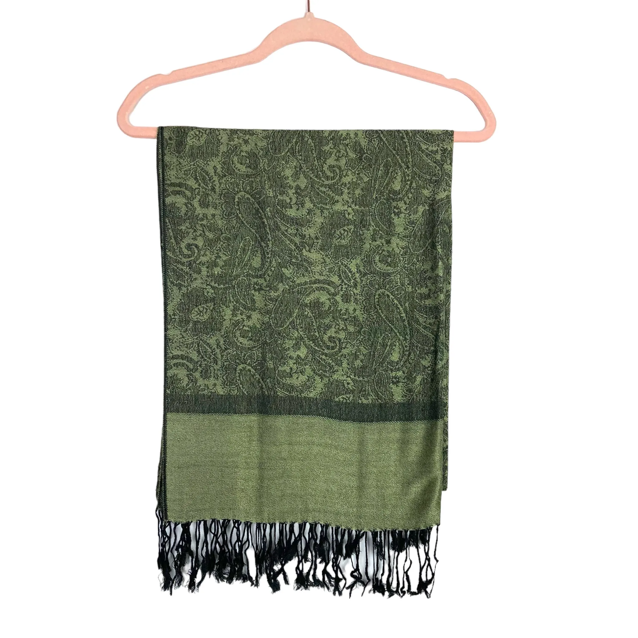 Pashmina Green/Black Pattern 100% Pashmina Tassel Fringe Scarf