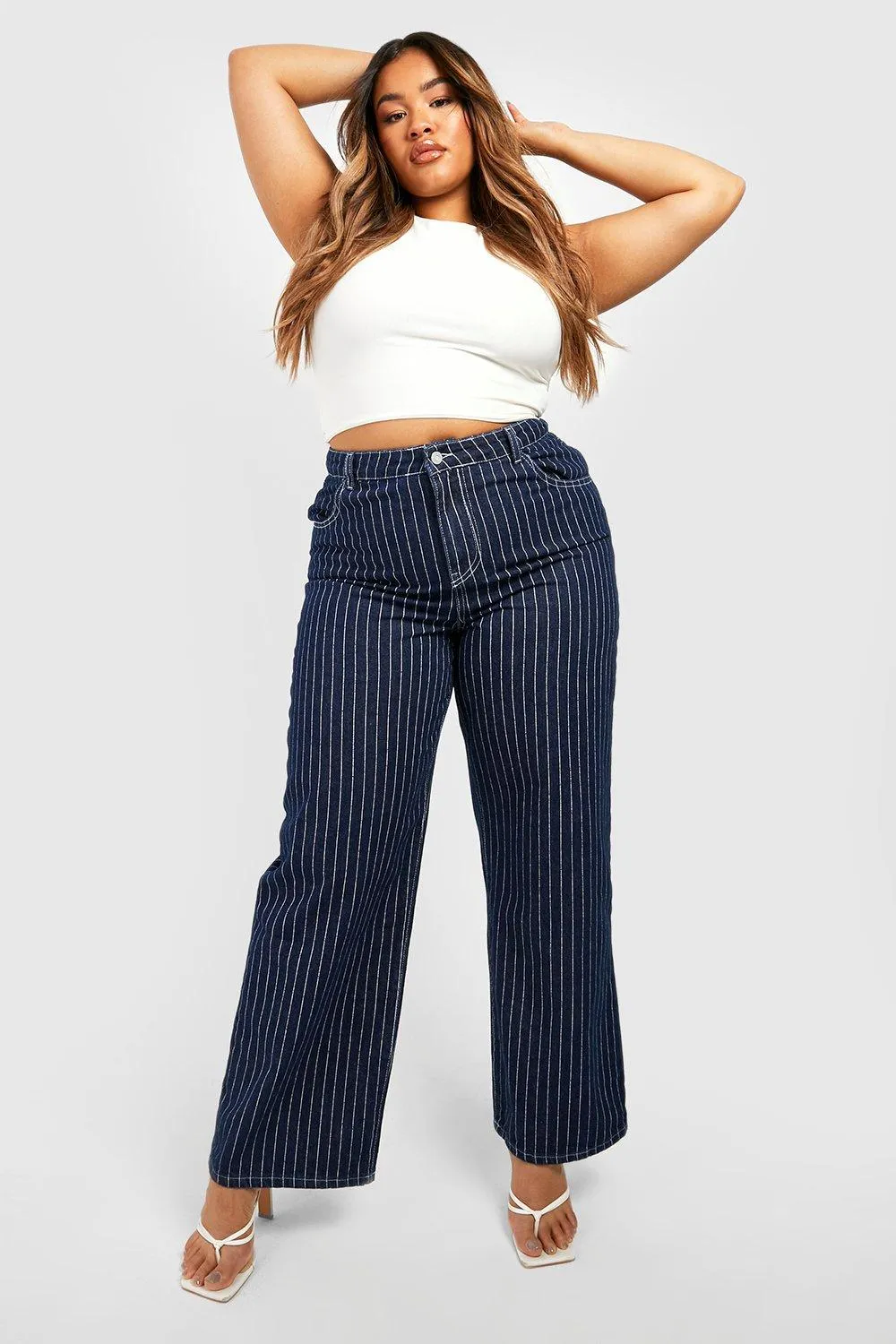 Plus High Waisted Pinstripe Wide Leg Jeans