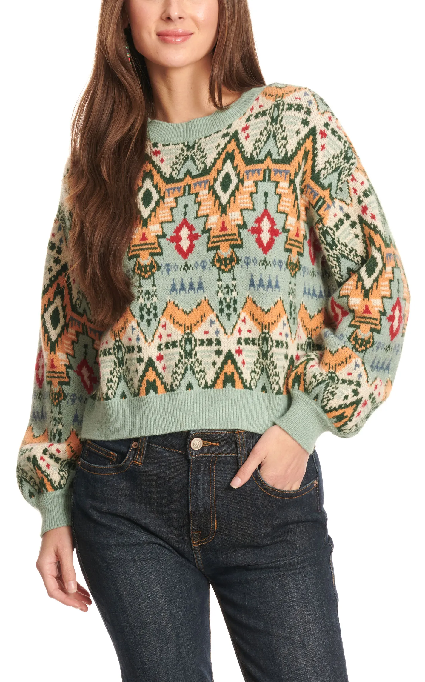 Rock & Roll Denim Women's Sea Green & Colorful Aztec Sleeve Sweater