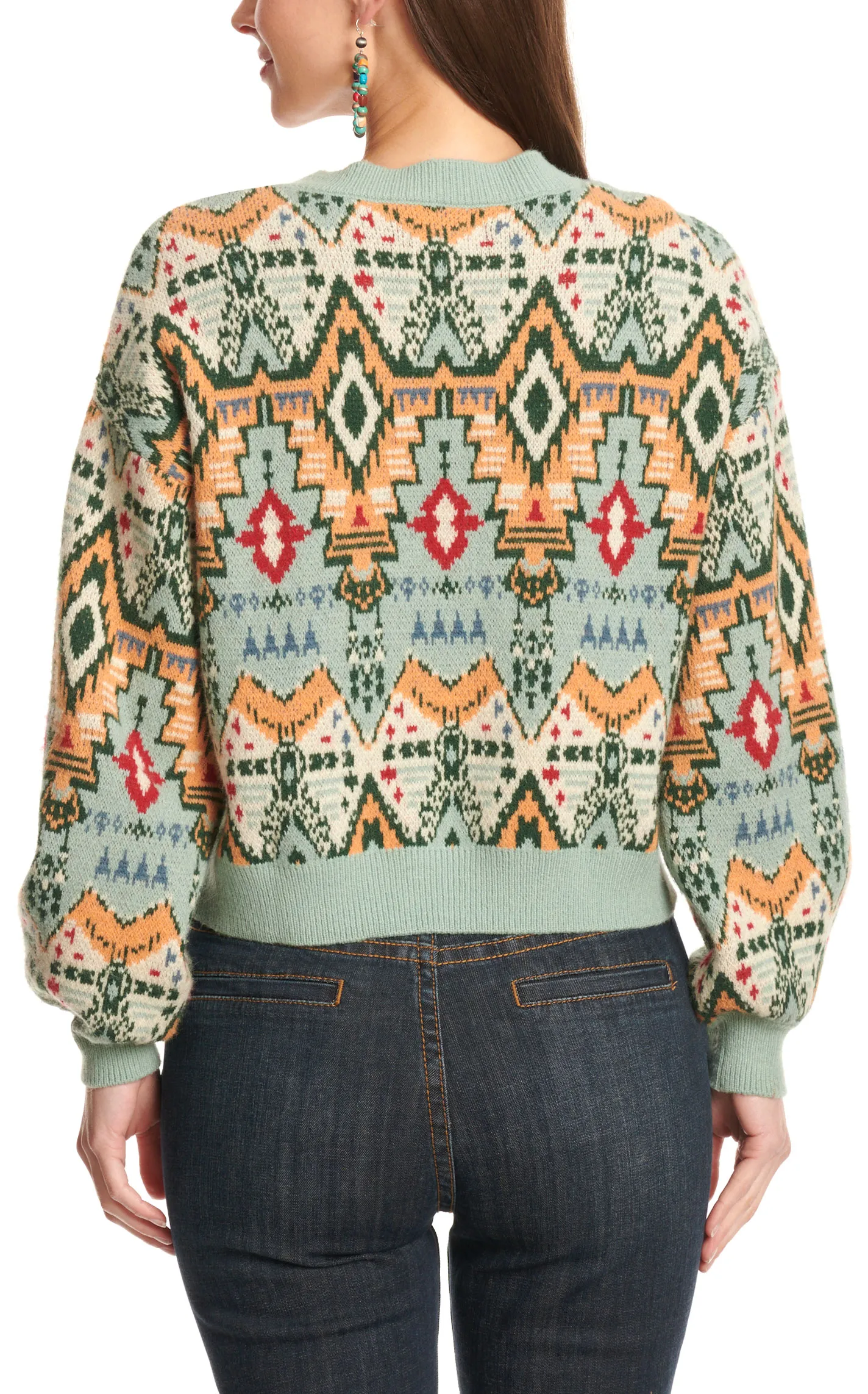 Rock & Roll Denim Women's Sea Green & Colorful Aztec Sleeve Sweater