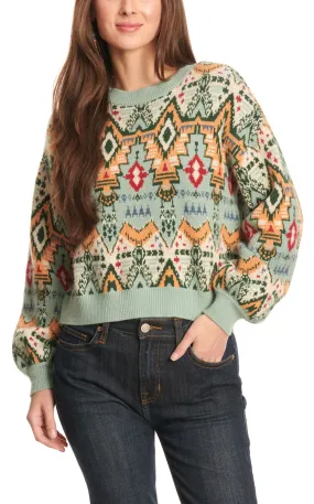 Rock & Roll Denim Women's Sea Green & Colorful Aztec Sleeve Sweater