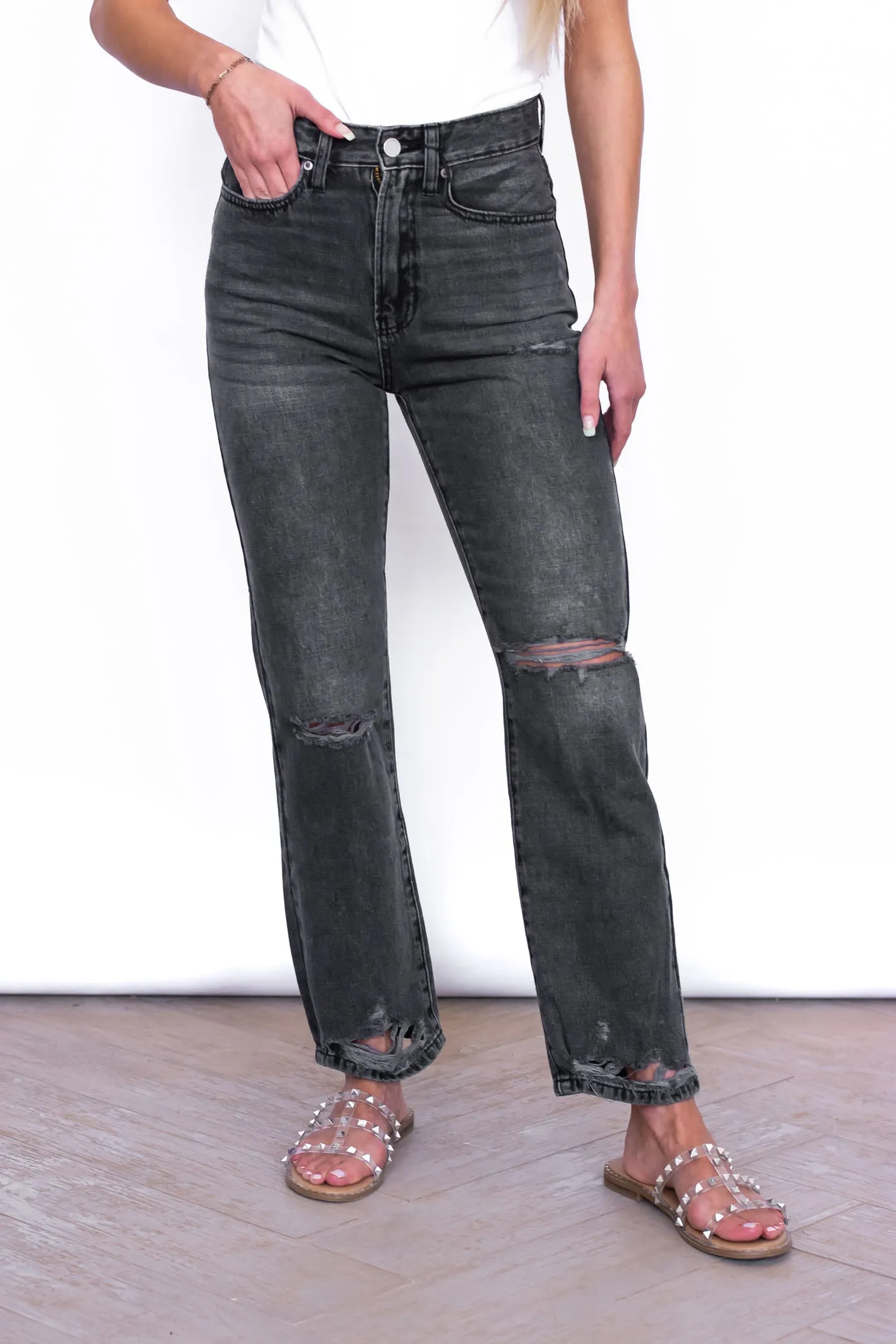 Run For It Washed Black High Rise Distressed Jeans